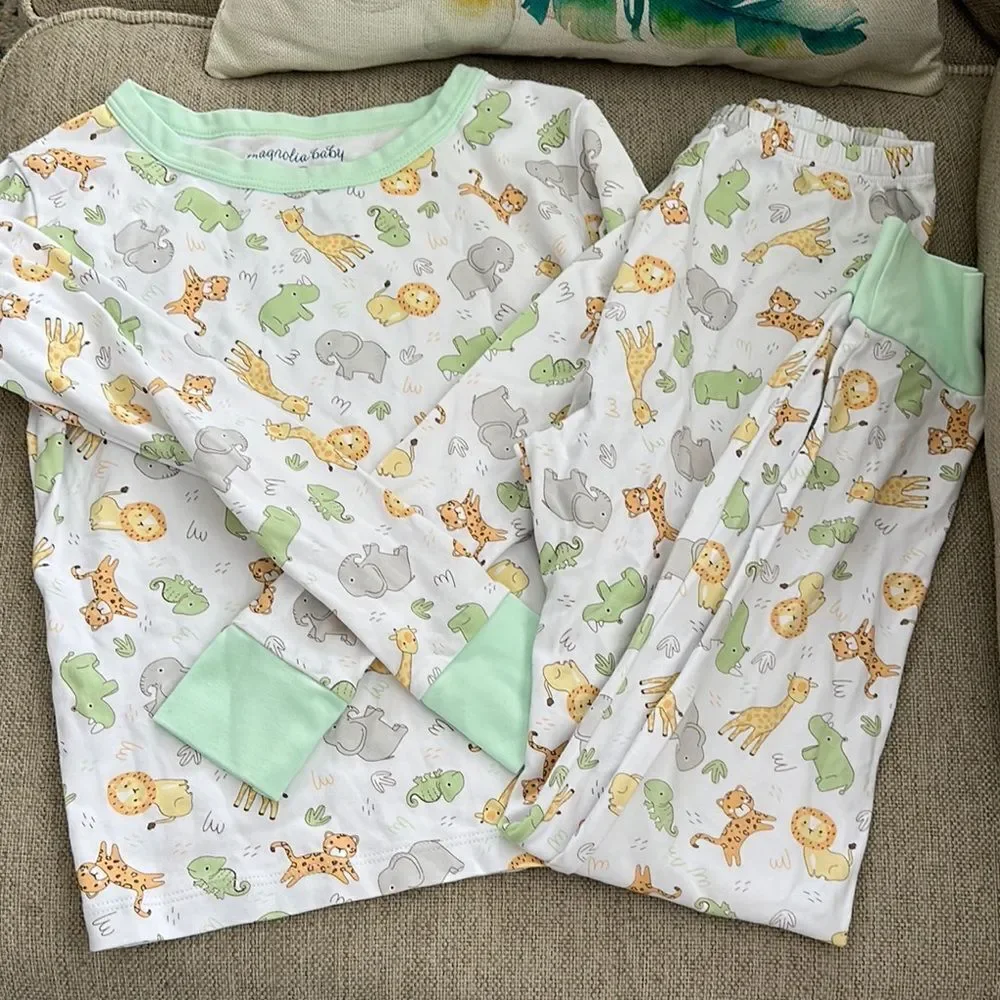Magnolia Green and White Pajama Set with Animal Print